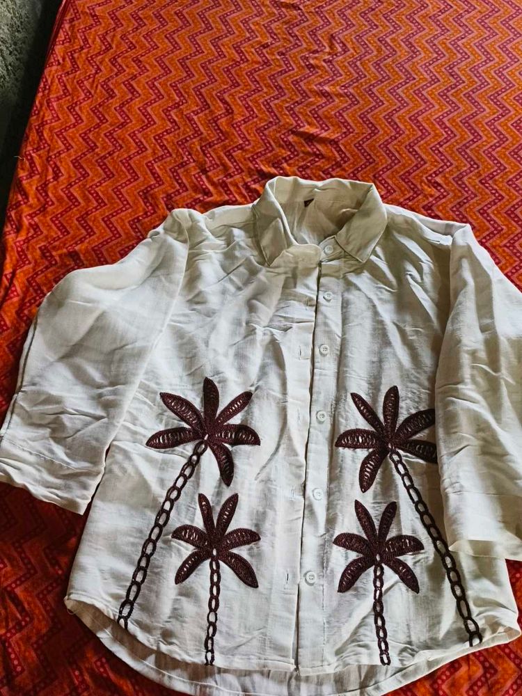 Cream Palm Tree Embroidered Button-Up Shirt