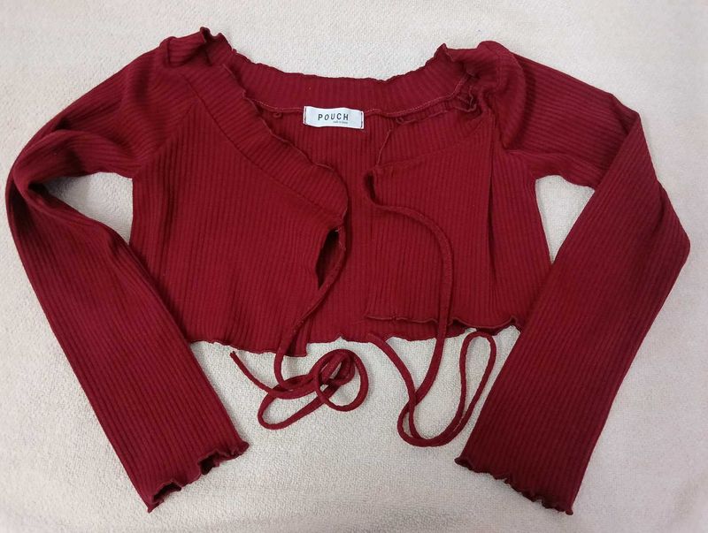 Maroon Ribbed Tie-Up Crop Top