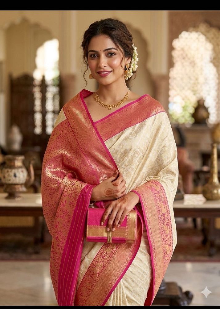 Elegant Cream &amp; Pink Banarasi Silk Saree