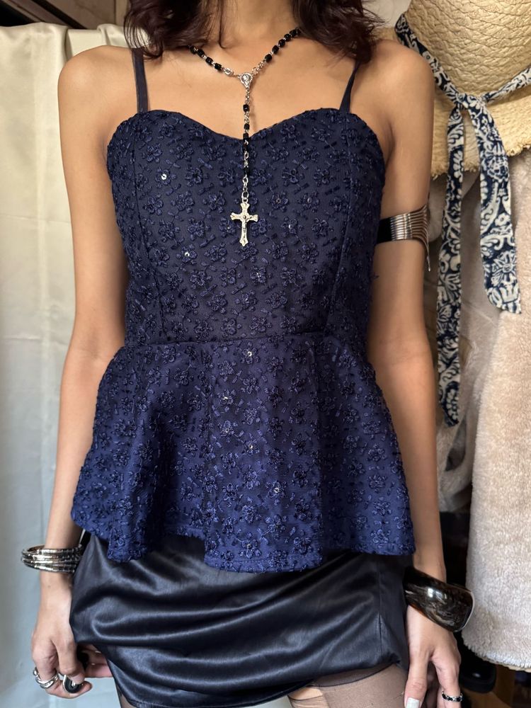 Navy Sequin Peplum Top