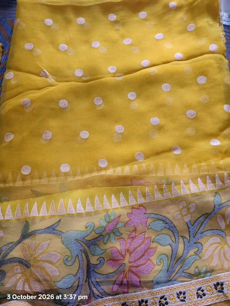 Vibrant Yellow Saree with Polka Dots