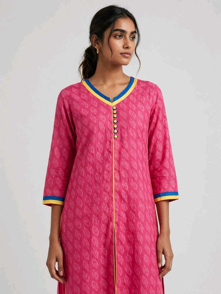 Vibrant Pink Kurta with Yellow &amp; Blue Accents