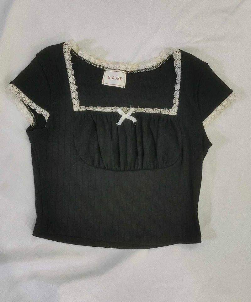Black Lace Trim Square Neck Top