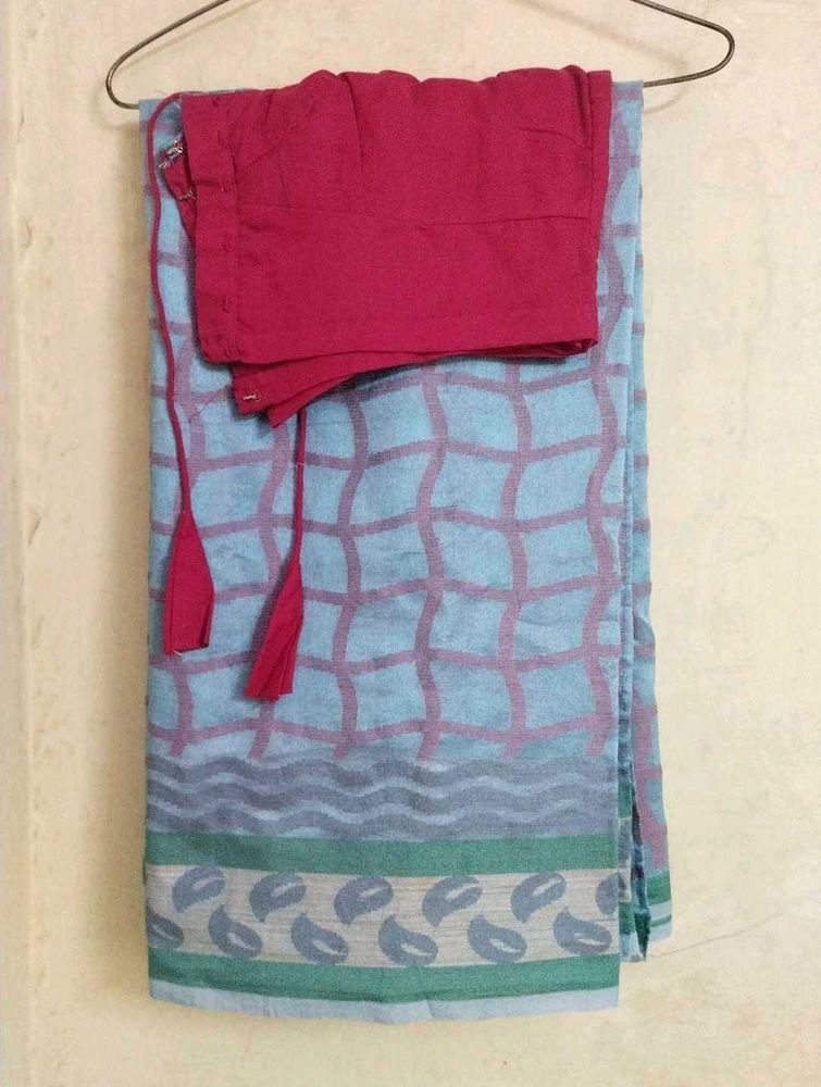 🌼Light Blue Saree with Pink Blouse Piece🌼