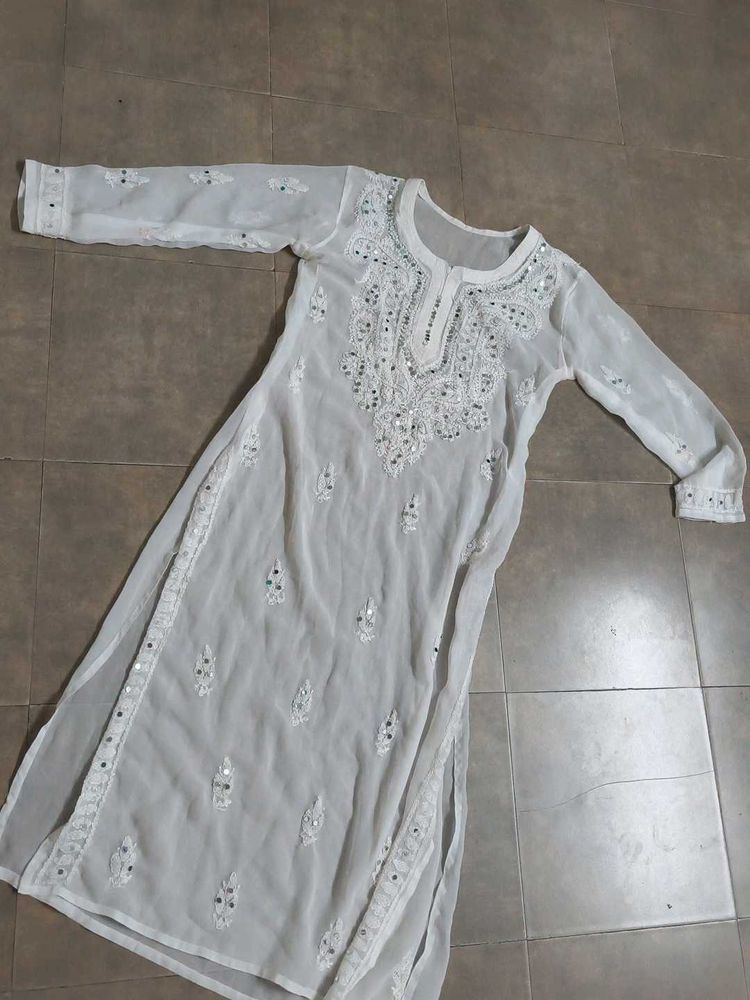 White Chikankari Kurta with Mirror Work nd wit