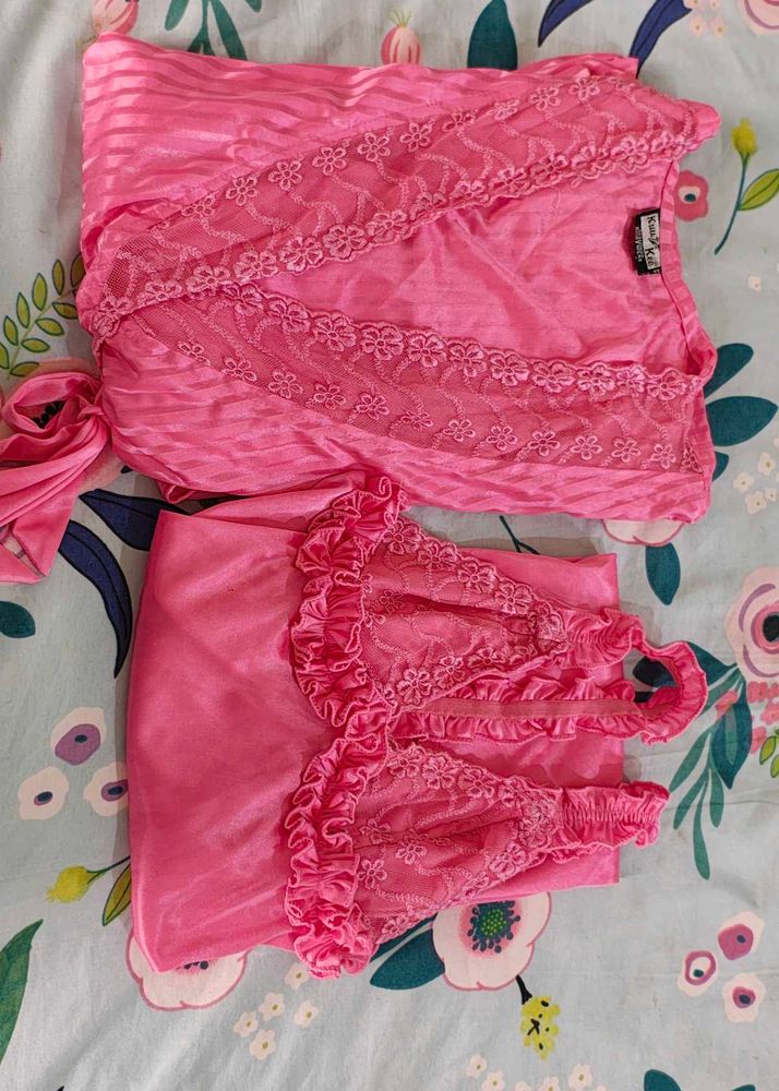Pink Night Dress (Gown) Lace Work (Bust 34-38)