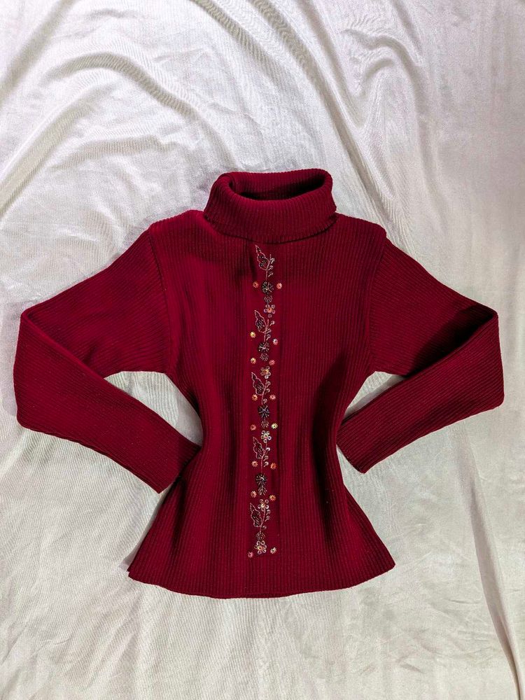 Maroon Turtleneck Sweater with Butterfly Detail