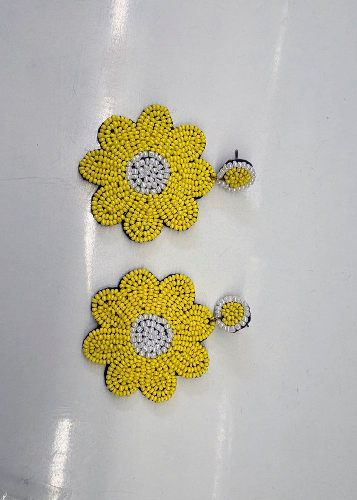 Yellow Beaded Flower Earrings