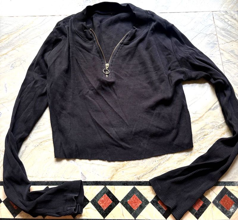 Black Ribbed Zip-Up Crop Top