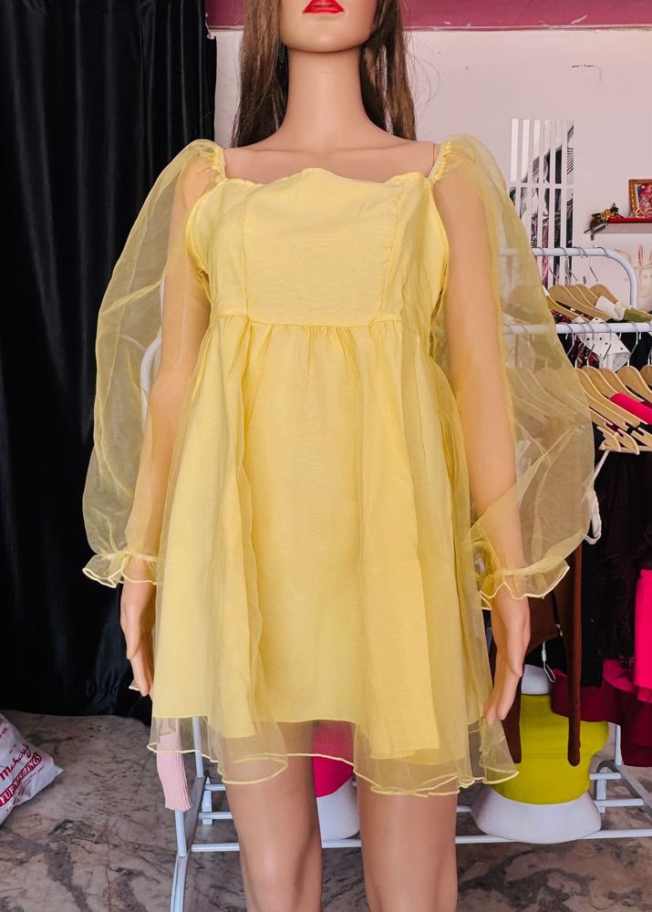 Cute Yellow Puff Sleeve Mini Dress