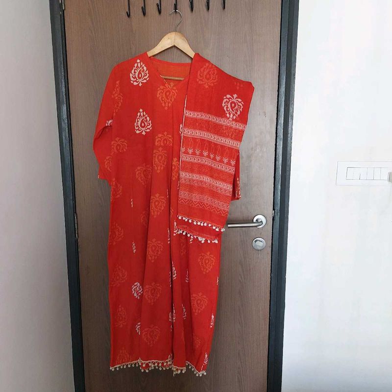 Orange Block Print Kurta Set with Dupatta