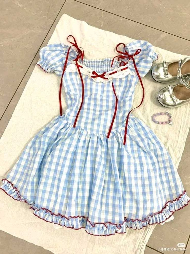 y2k Blue Gingham Cottagecore Dress