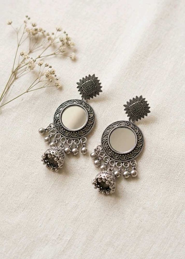 Oxidised Mirror Jhumka Earrings