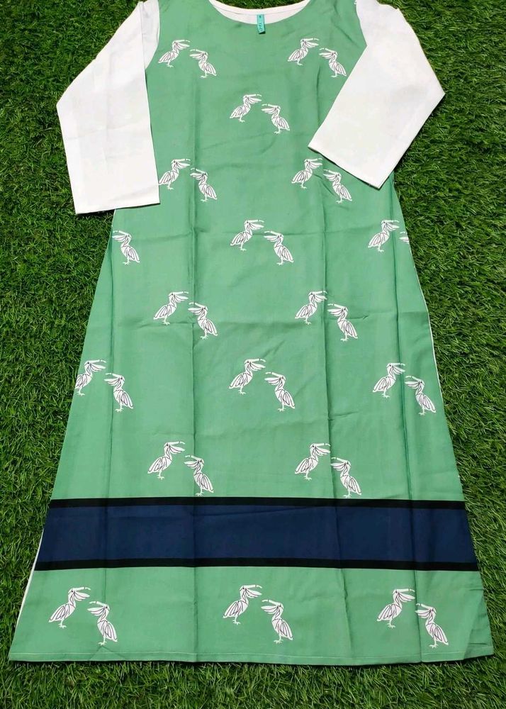 Janasya Green Flamingo Print Kurta - L Size - Whit