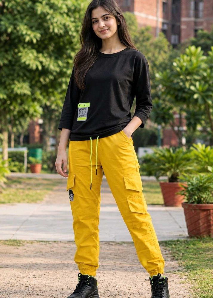 Stylish Black Top &amp; Yellow Cargo Pants