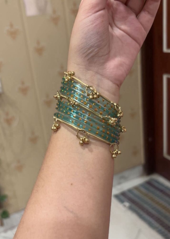Elegant Teal Bangles with Golden Charms
