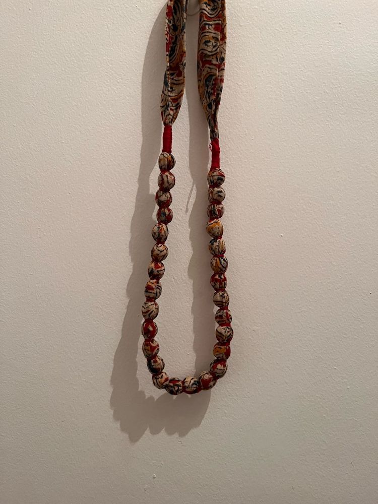 Beaded Necklace with Kalamkari Fabric Accen