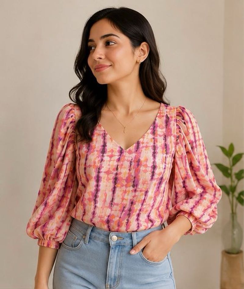 Boho Print V-Neck Puff Sleeve Top