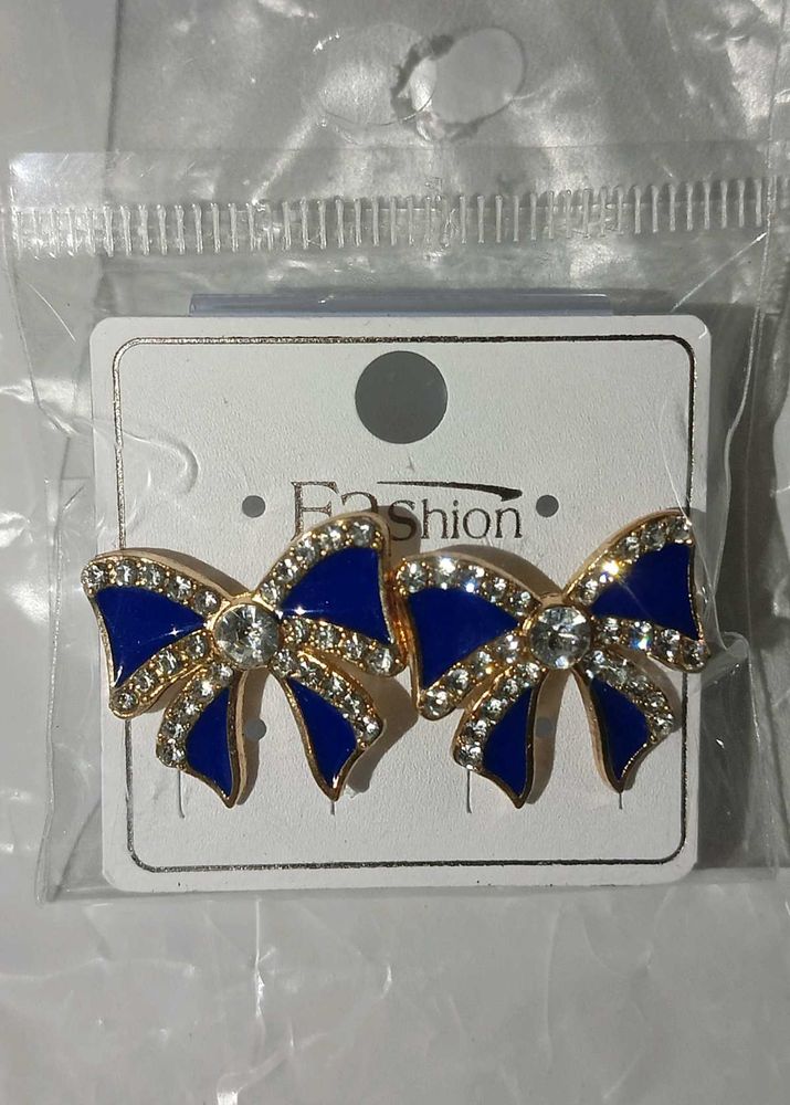 Cute Blue Bow Earrings with Rhinestones