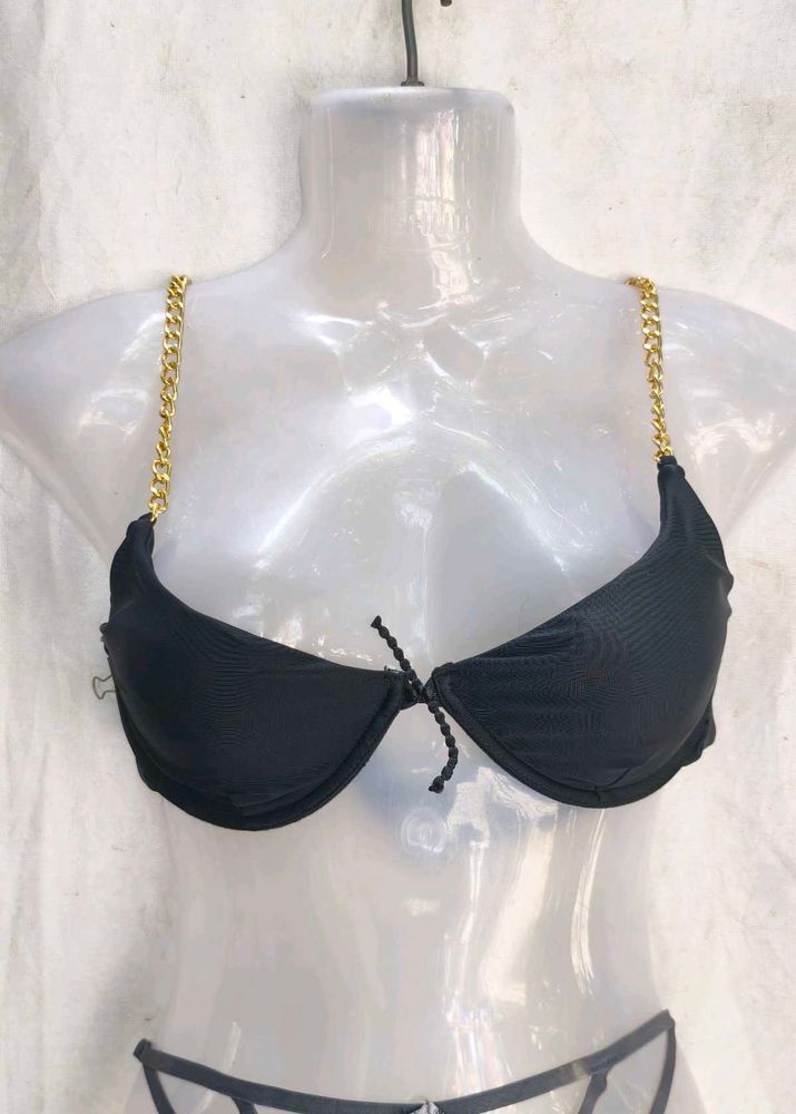 I. Chic Black Bikini Top with Gold Chain Straps