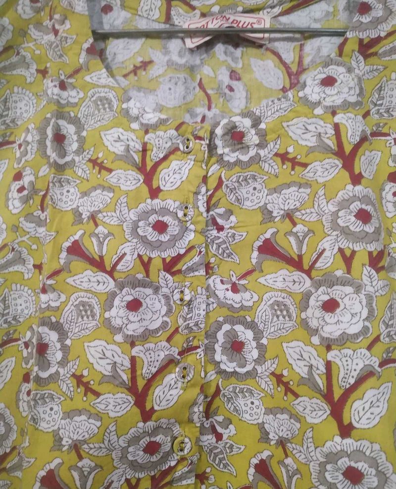 New Light Yellow Floral Print Cotton Kurta