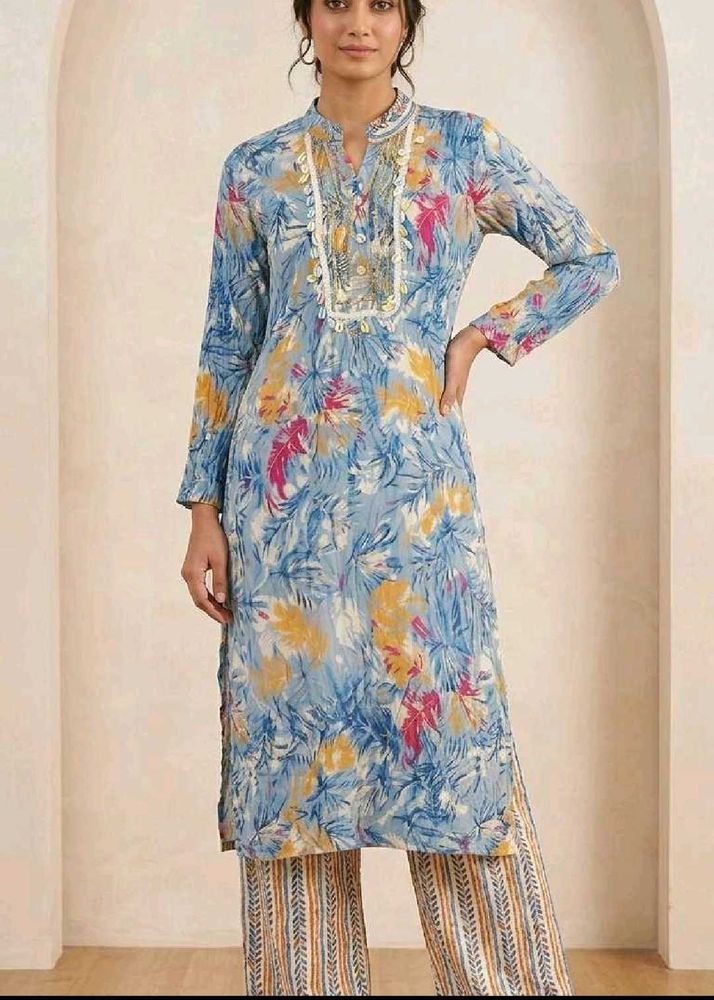 New Blue Floral Print Kurta with Palazzo Set