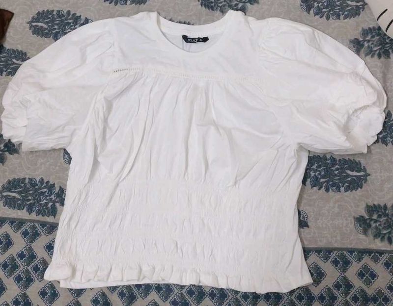 White Puff Sleeve Smocked Top
