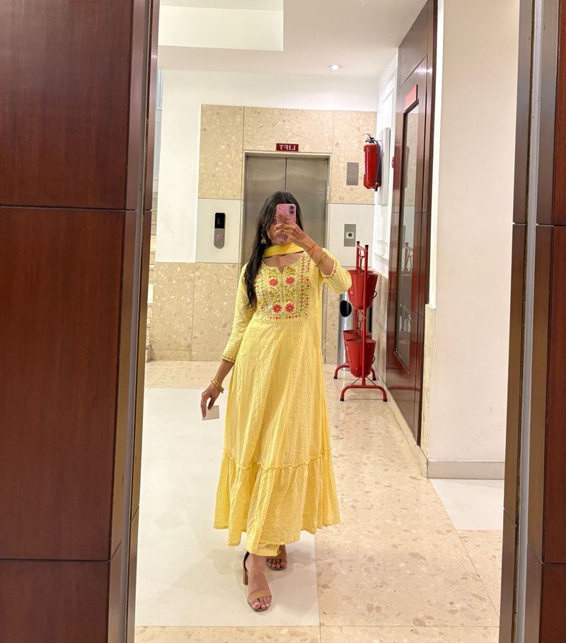 Yellow Chikankari Embroidered Anarkali Set