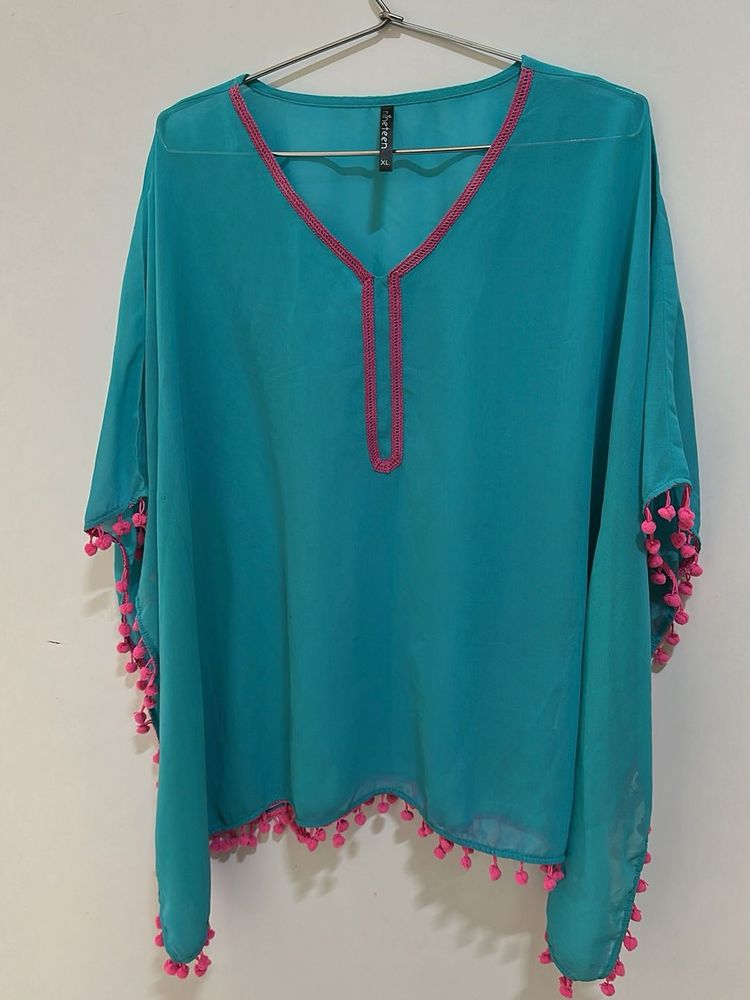 Blue Kaftan Top with Pink Pom Poms