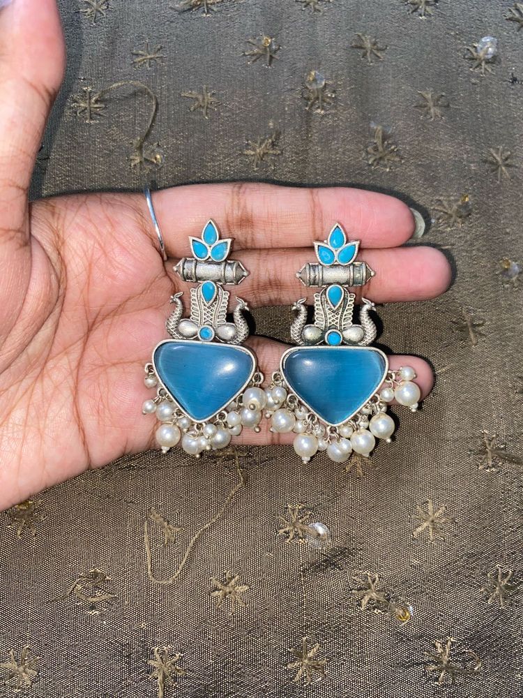 Boho Blue Gemstone &amp; Pearl Drop Earrings