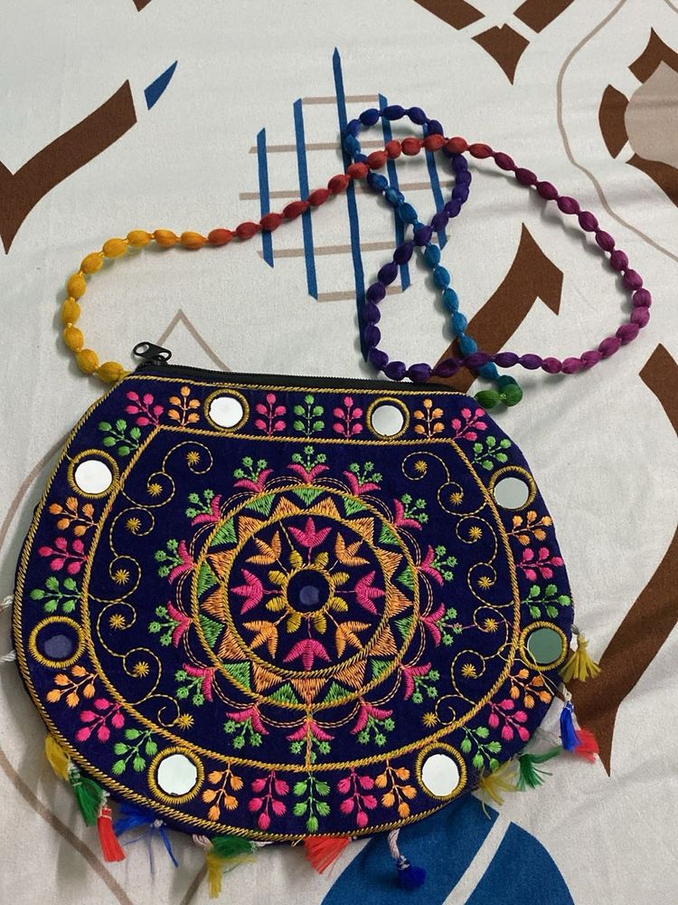 Embroidered Sling Bag with Mirrors