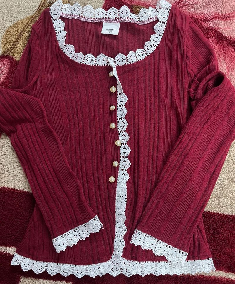 Maroon Ribbed Cardigan with Lace Trim