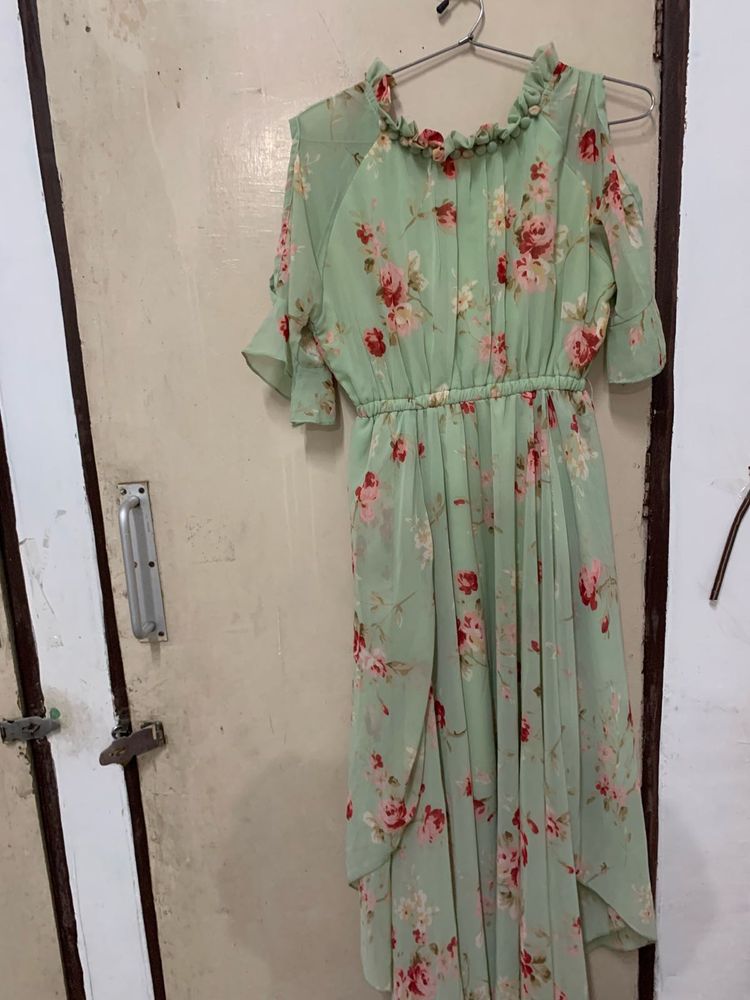 Light Green Floral Cold Shoulder Dress