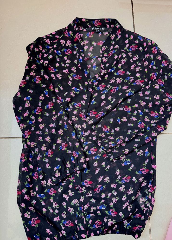 Sheer Floral Button-Up Blouse