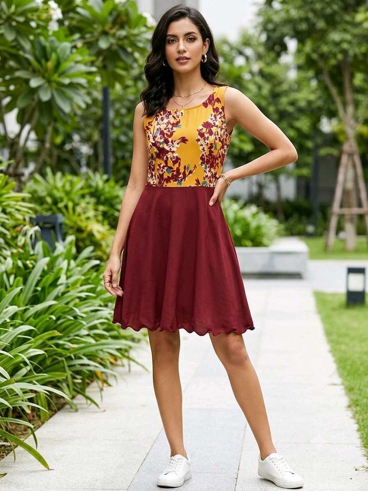 Sleeveless Mustard Yellow Floral Bodice &amp; Burgundy
