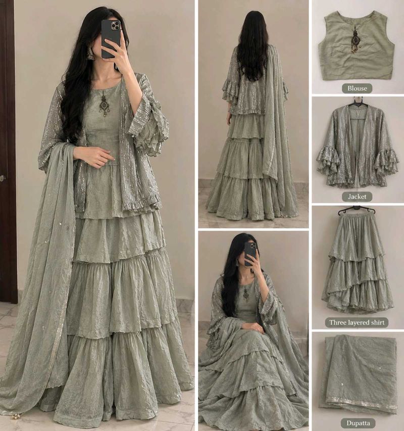 3-Layer Sharara Set with Jacket &amp; Dupatta
