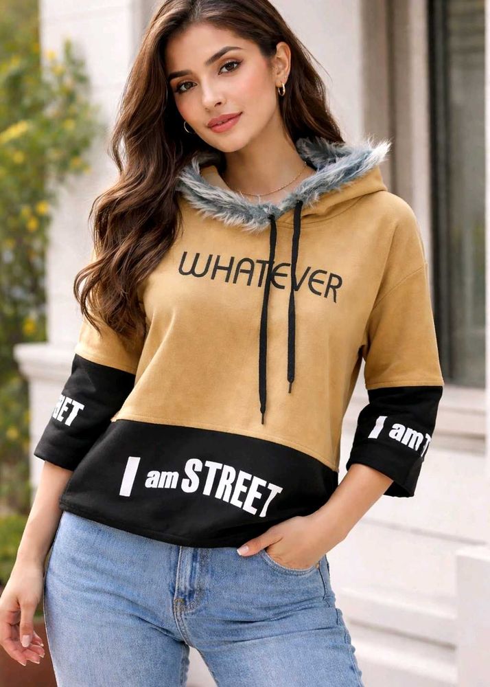 "Whatever" Graphic Hoodie with Faux Fur Trim