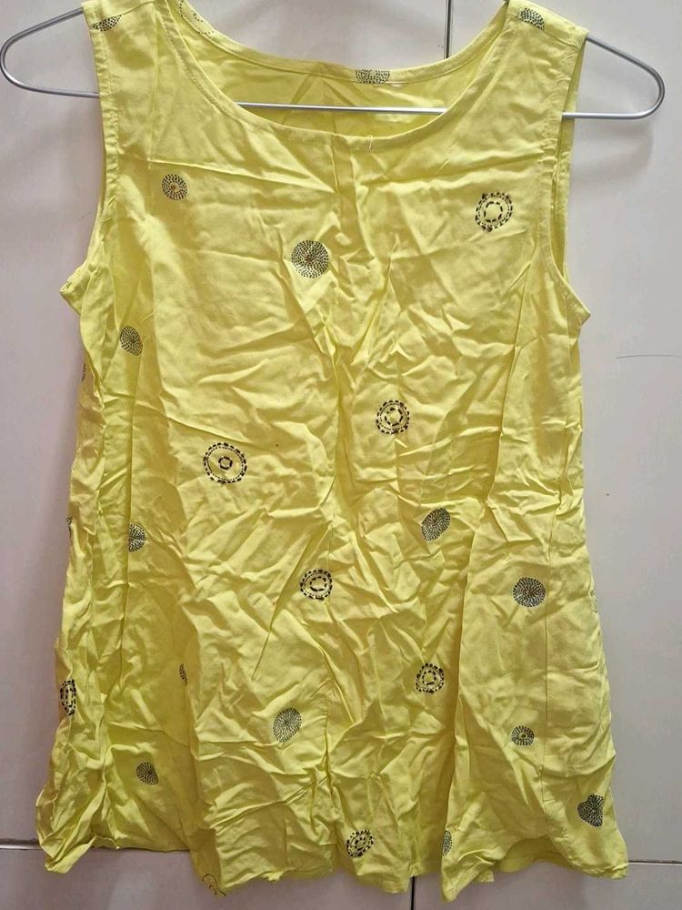 Yellow Sleeveless Kurti with Print