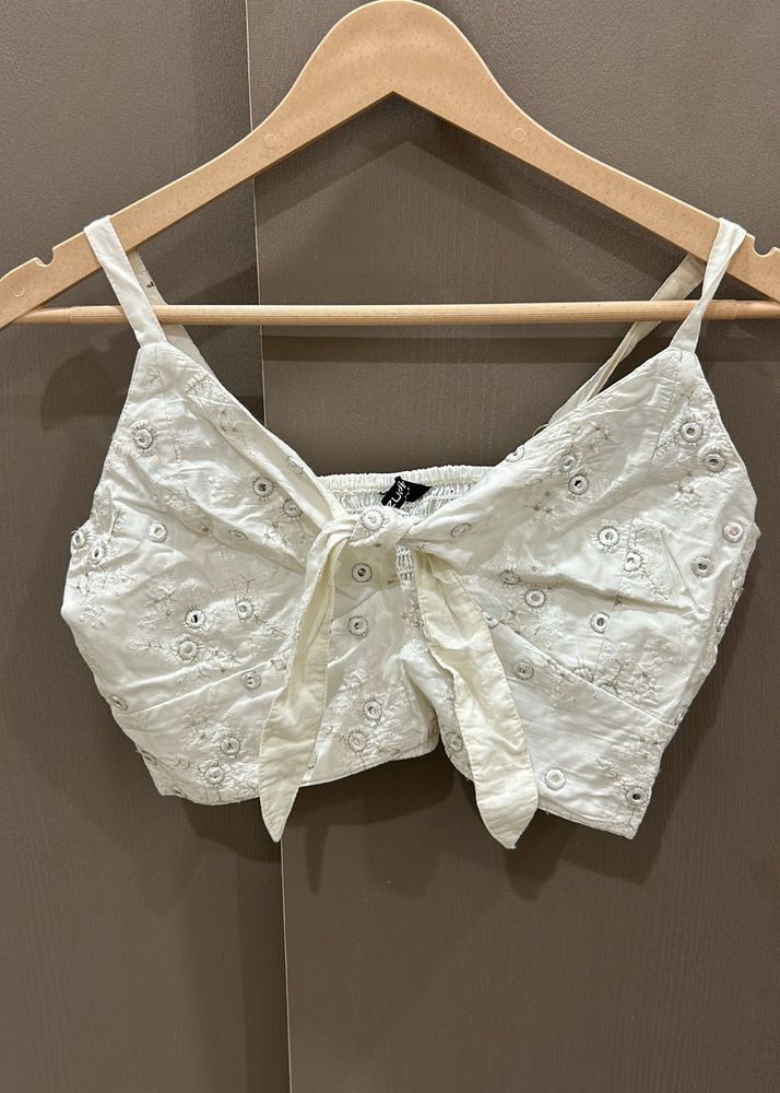White Embroidered Crop Top with Bow Detail