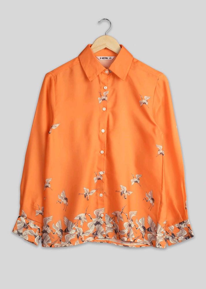 Elegant Orange Bird Print Shirt