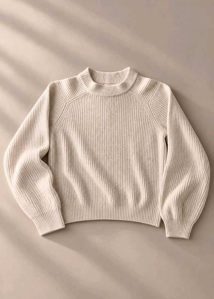 CREAM RIBBED KNIT SWEATER WITH STRUCTURED SHOULDER