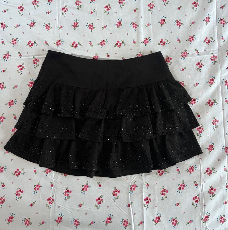 Black Tiered Mini Skirt with Sequins