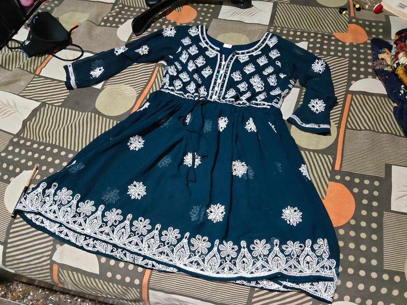 Elegant Teal Embroidered Kurta short mirror work