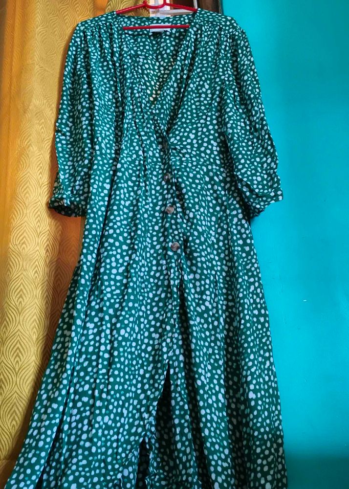 Green Ditsy Print Midi Dress