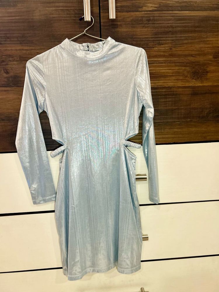 Camla Metallic Silver Shimmer Cut-Out Mini Dress