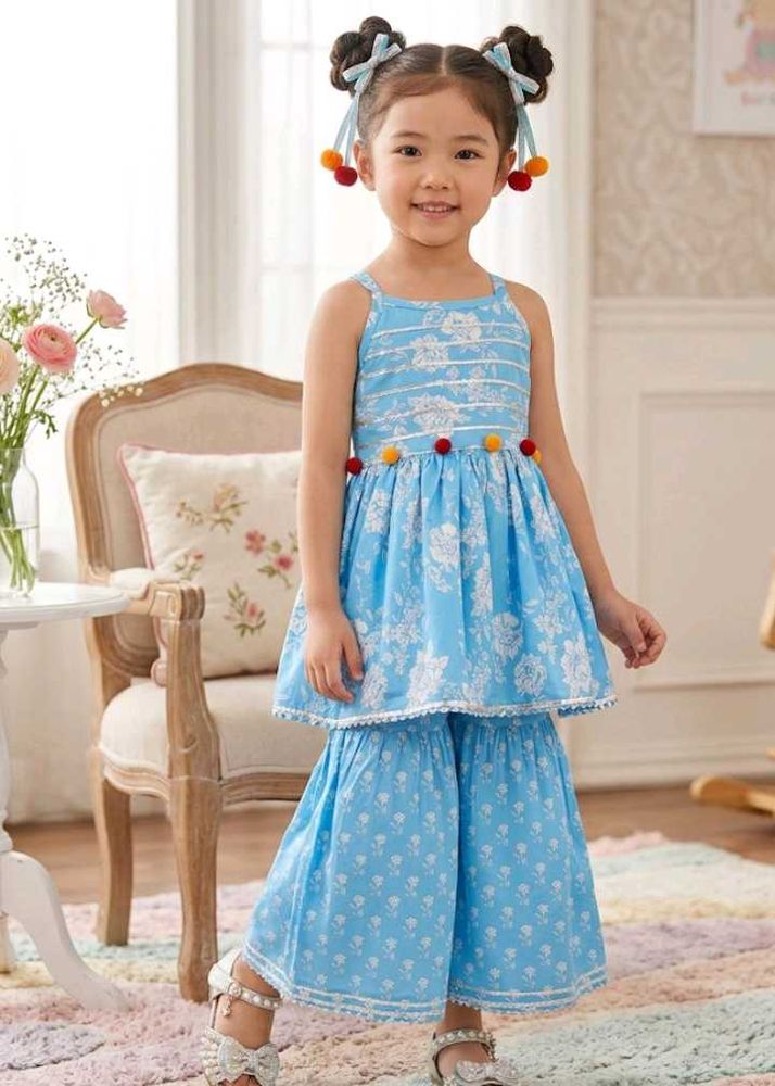 4-6 year Charming Blue Floral Print Sharara Set