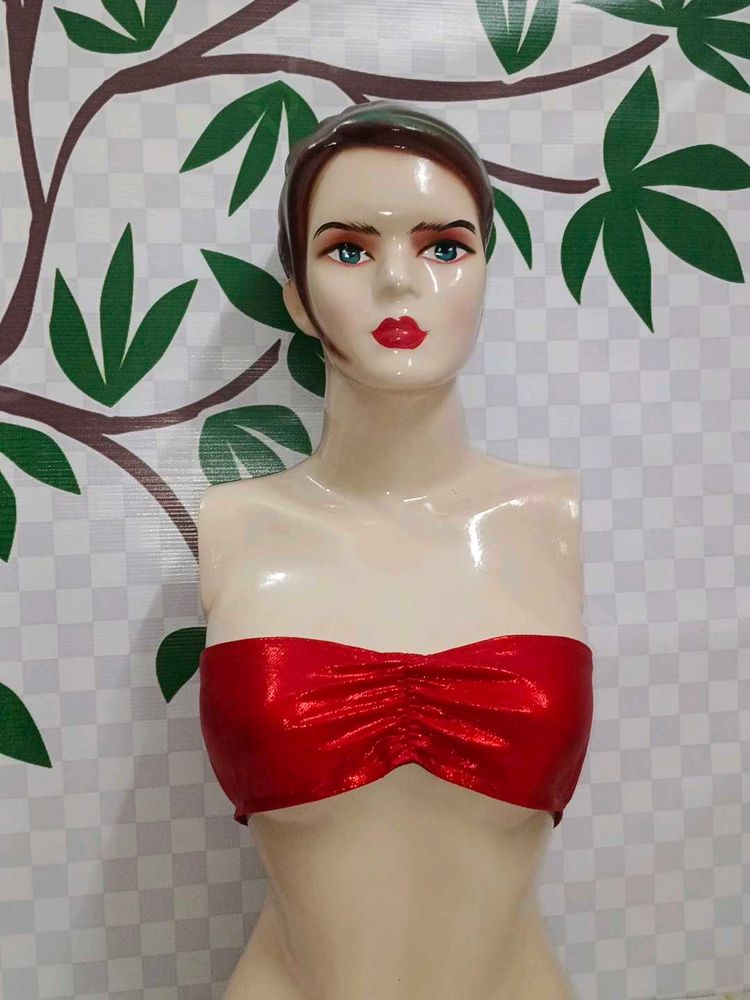 (700)Red Metallic Bandeau Top