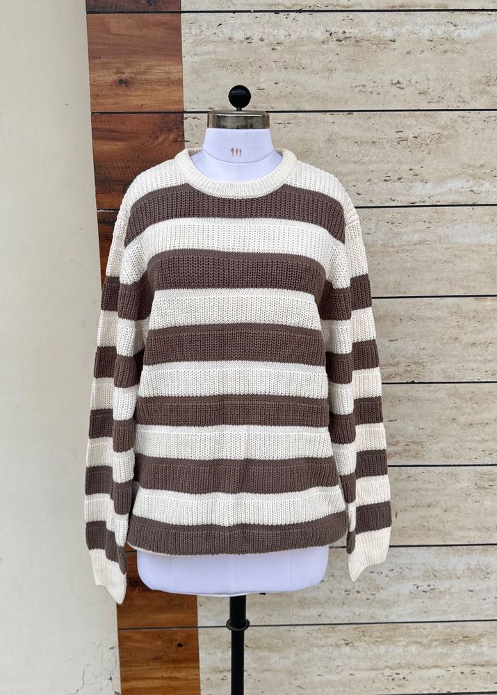 Unisex Brown &amp; White Striped Knit Sweater