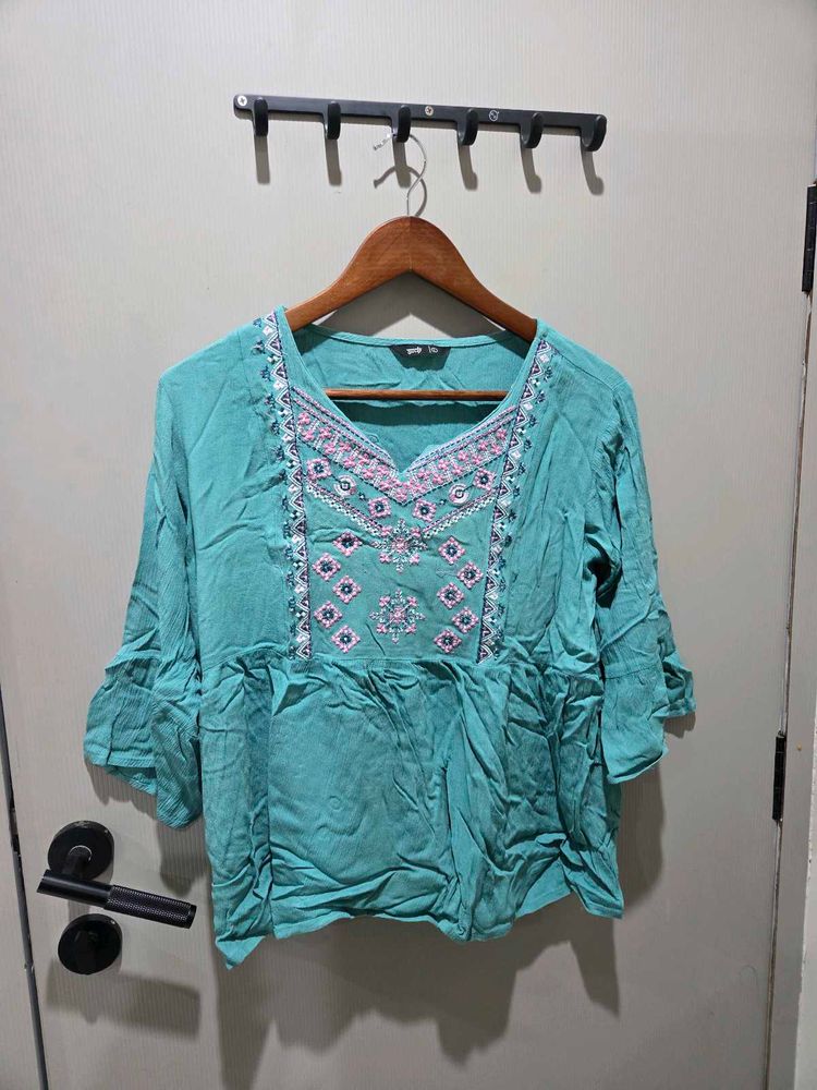 Teal Embroidered Kurta Top