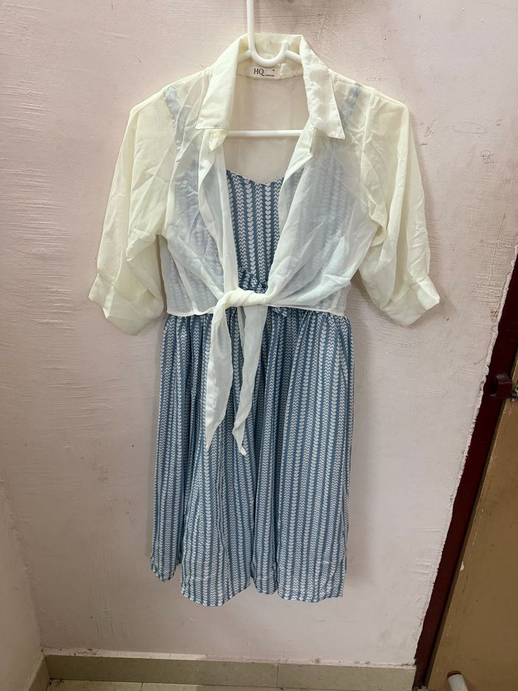 Blue Striped Dress with Sheer Shrug